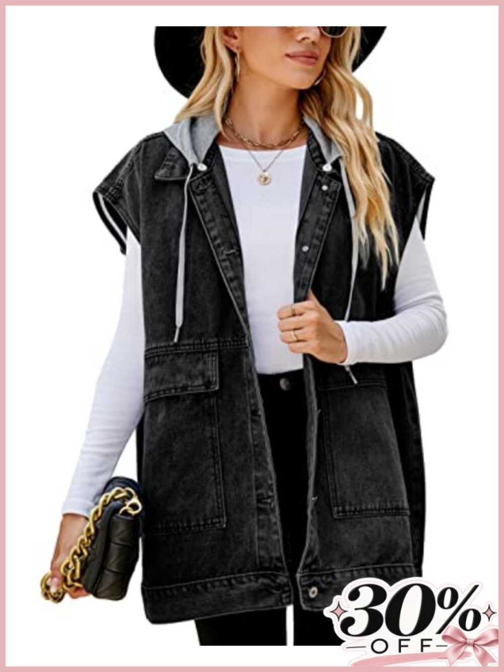 Oversized Sleeveless Denim Vest Hooded Button Down Loose Fit